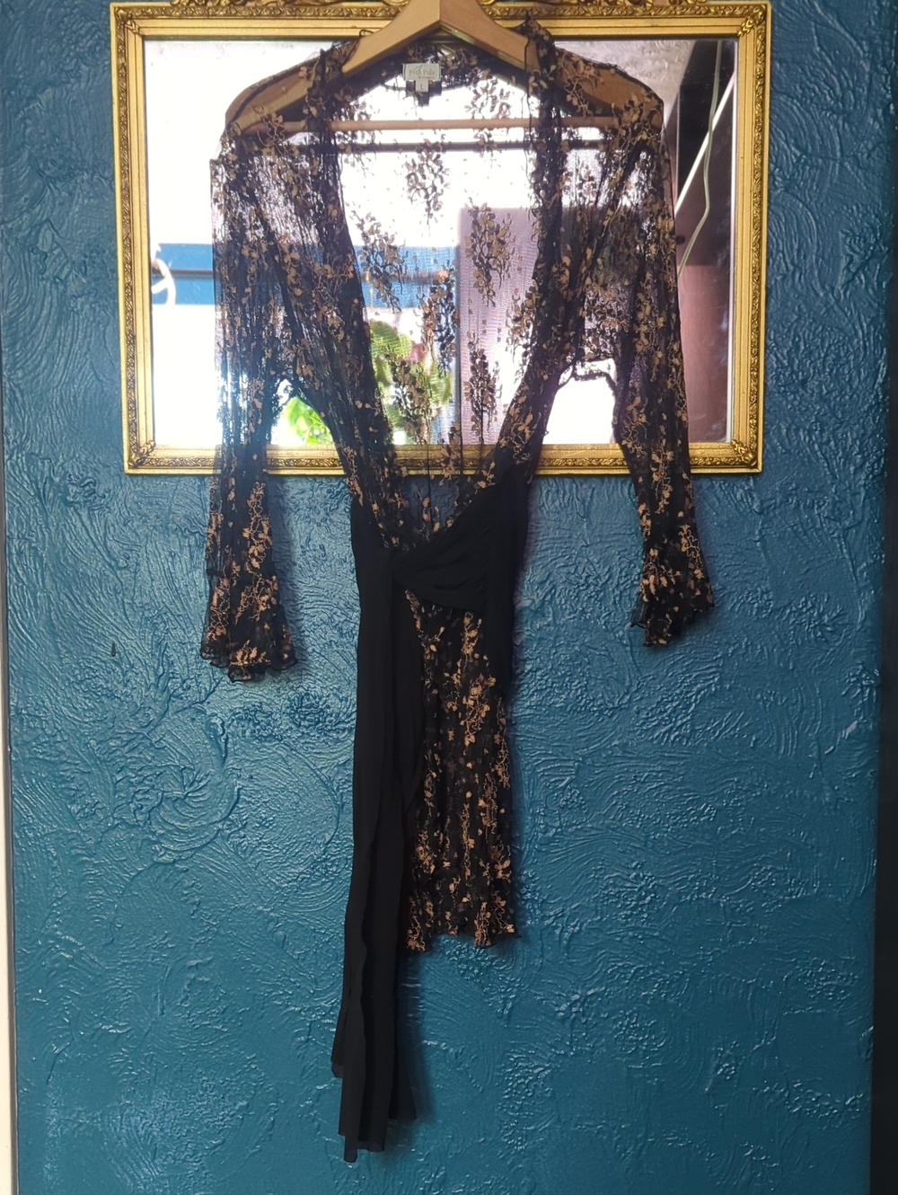 Petit Pois Sheer Black Lace Top with Gold Floral Threads